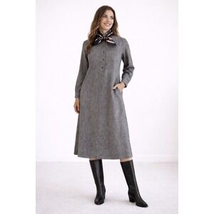 Joan Leslie by Kasper Vintage Grey‎ Herringbone Button Dress – Long Sleeve READ